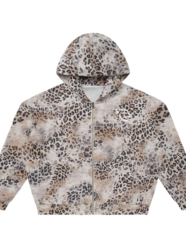 Unisex Vintage Wash Leopard Full Zip Hoodie